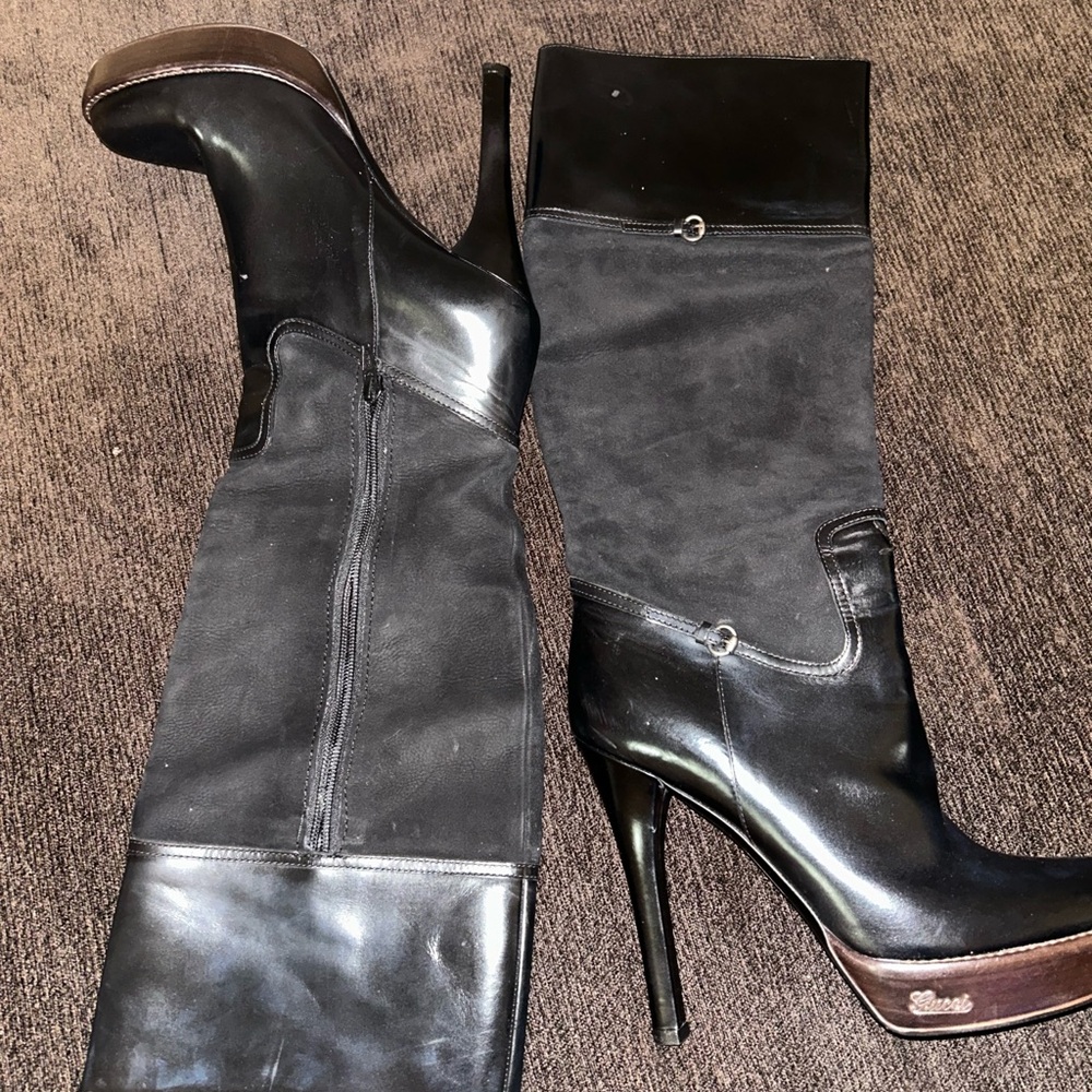 Gucci Black Leather and Suede Heeled Boots